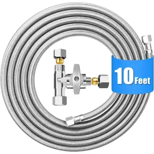 Refrigerator Water Line Kit - 10FT Stainless Steel Braided Ice Maker Water Line with Tee Stop Valve,Foodgrade PEX Inner Hose Fridge Water Line with 1/4" Comp Fitting and Tee Valve