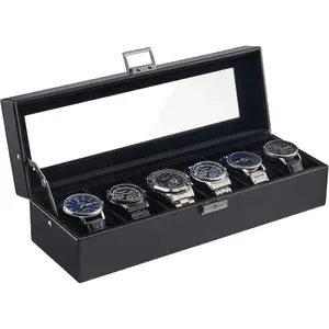6 Slot PU Leather Watch Case for Men, Lockable Watch Organizer with Soft Pillow, Glass Display Lid Watch Collection Storage Holder for Home Display