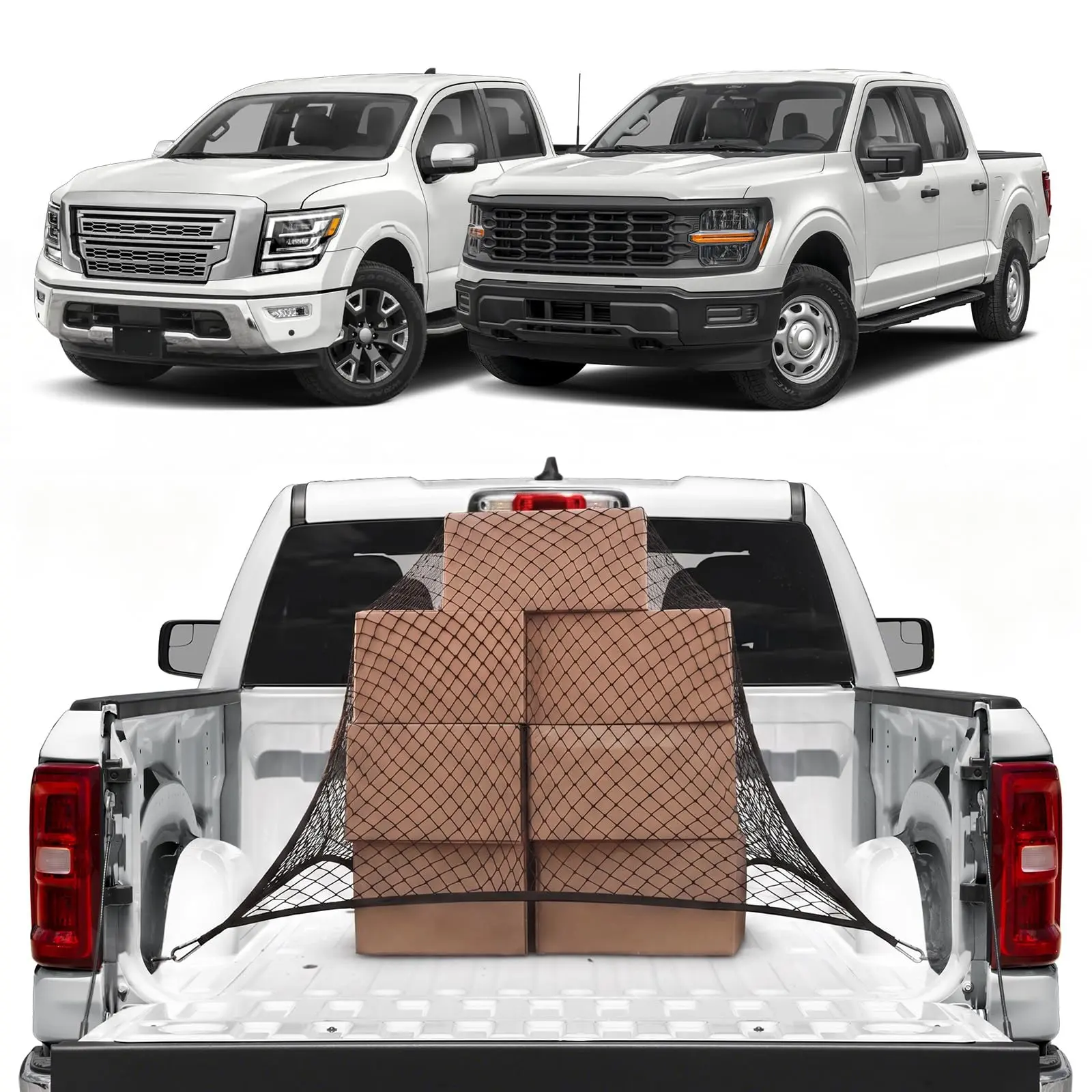 Highly Elastic Cargo Net with 6 Self Locking Metal Hooks - Simple Truck Bed Cargo Mesh Organizer 4.5’x5’ Stretches to 9’x10’, Wear and Tear Resistant