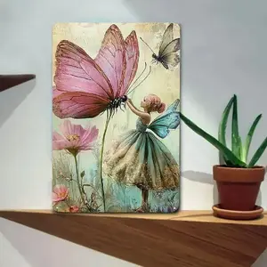 2D Flat, Vintage Fairy and Butterfly Floral Metal Wall Art - Pastel Pink, Green, Blue, Teal - Durable Iron Hanging Decor for Home, Office, Cafe, Garage - Indoor/Outdoor Decoration - Christmas Halloween Party Decorations - Easy Installation