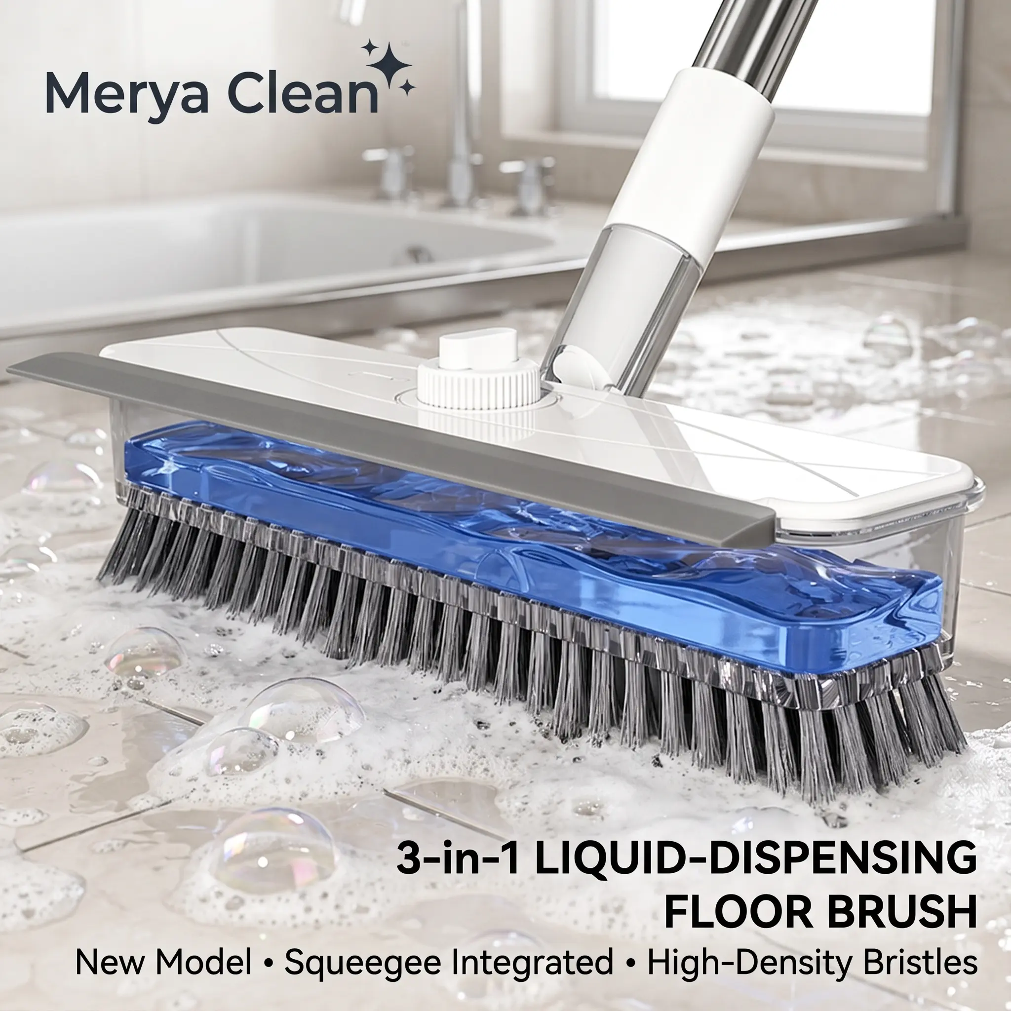 Liquid Dispensing Floor Brush，Floor Scrub Brush with Long Handle, 4 in 1 Scrape and Heavy-Duty Stiff Bristle Floor Scrubber Brush Broom with Squeegee and Tweezer for Cleaning Grey home deep rubber magic room fur remover Poly wet dry push