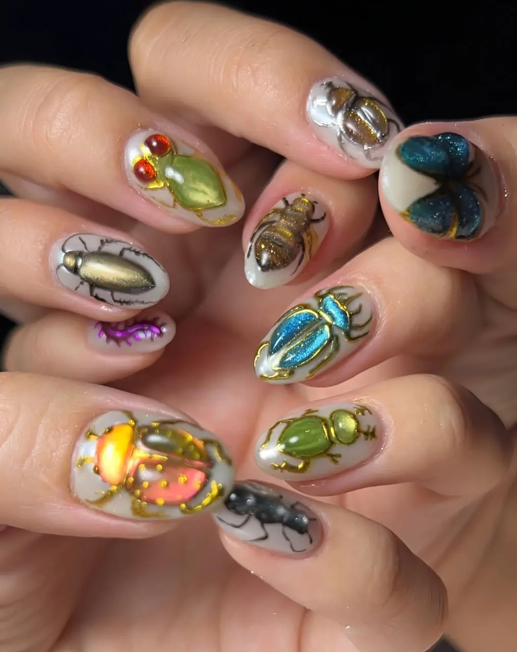 Mismatched Metallic Beetle Press on Nails with 3D Chrome Bug & Insect | Fake Nails in Short Oval | Quirky Goblincore Art
