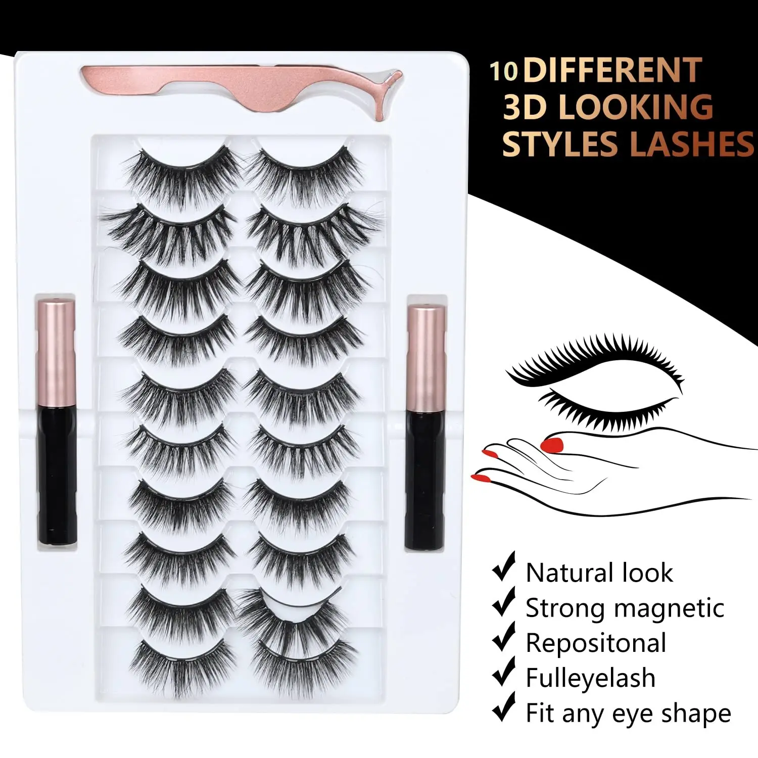 3D Natural Magnetic Eyelashes,Lightweight Magnetic Eyeliner and Eyelashes Kit, 2 Magnetic Eyeliners- No Glue Needed (10 Pairs)