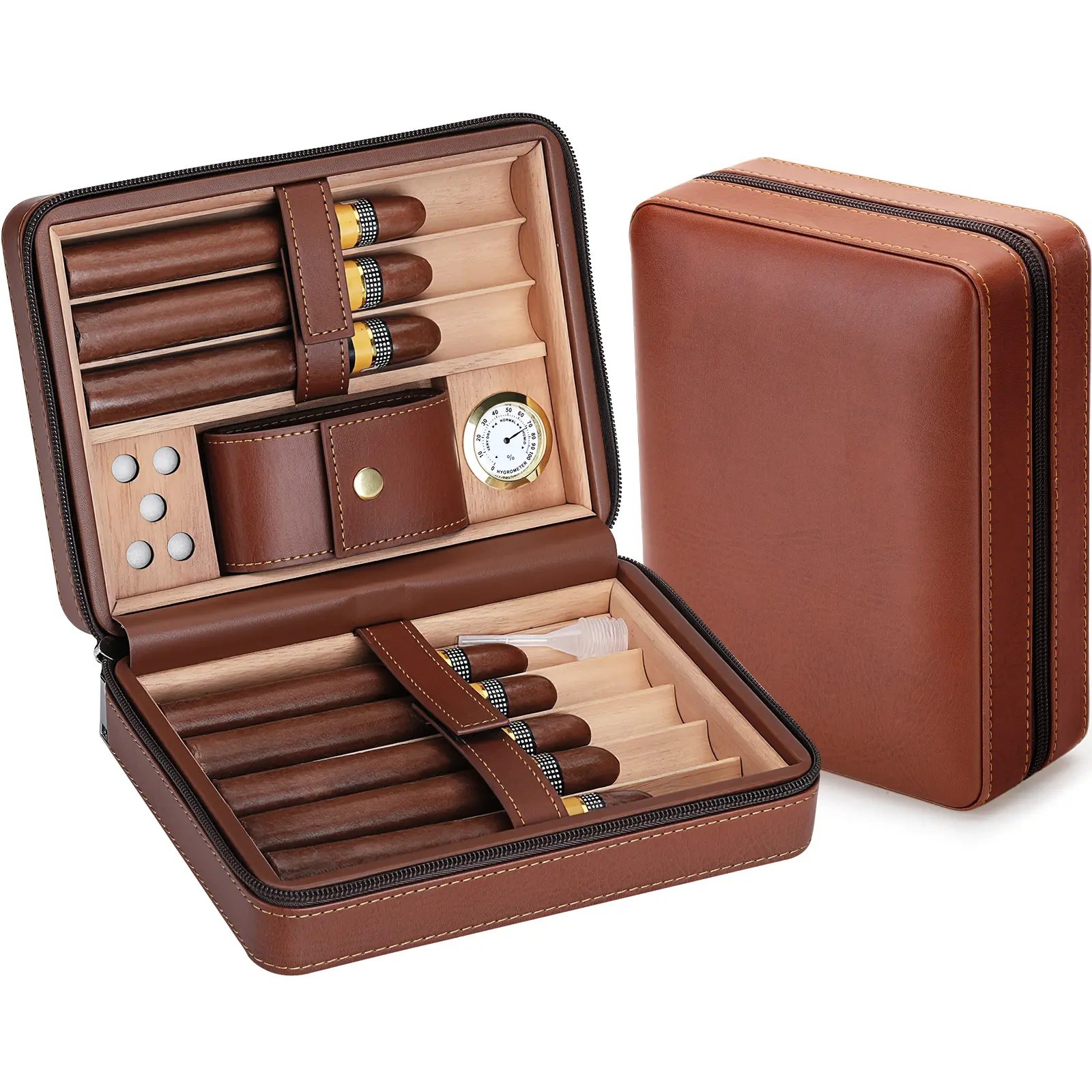 Travel Humidor Case, Portable Cedar Wood Lined Leather Box with Humidifier, Hygrometer, Accessory Pocket, 8-Item Storage, Gift for Men Travel Humidor Case, Portable Cedar Wood Lined Leather Box with Humidifier, Hygrometer, Accessory Pocket, 8-Item Storage, Gift for Men