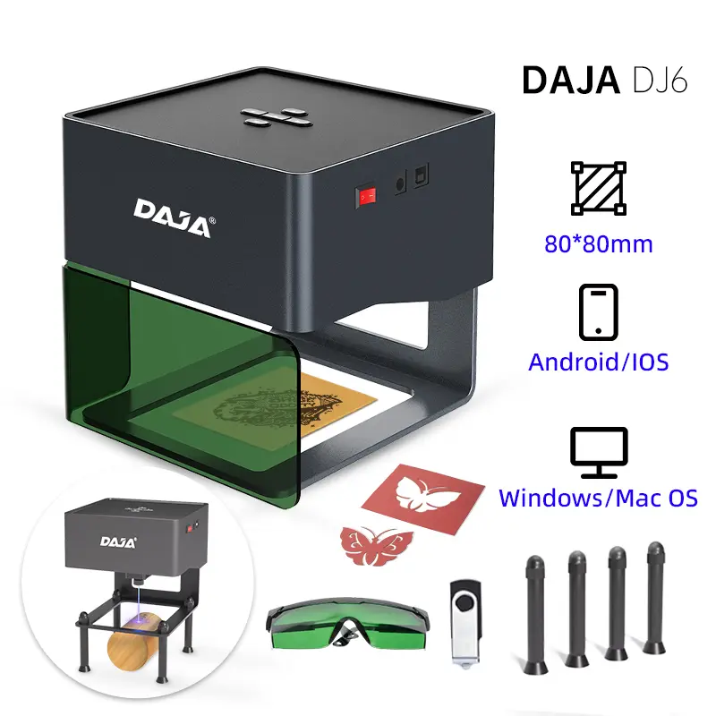 DAJA DJ6 Portable Laser Engraver/Printer – Suitable for Acrylic, Leather, Wood, Bamboo, and Food | Tool for Custom Logos, Gifts, and Art Engraving