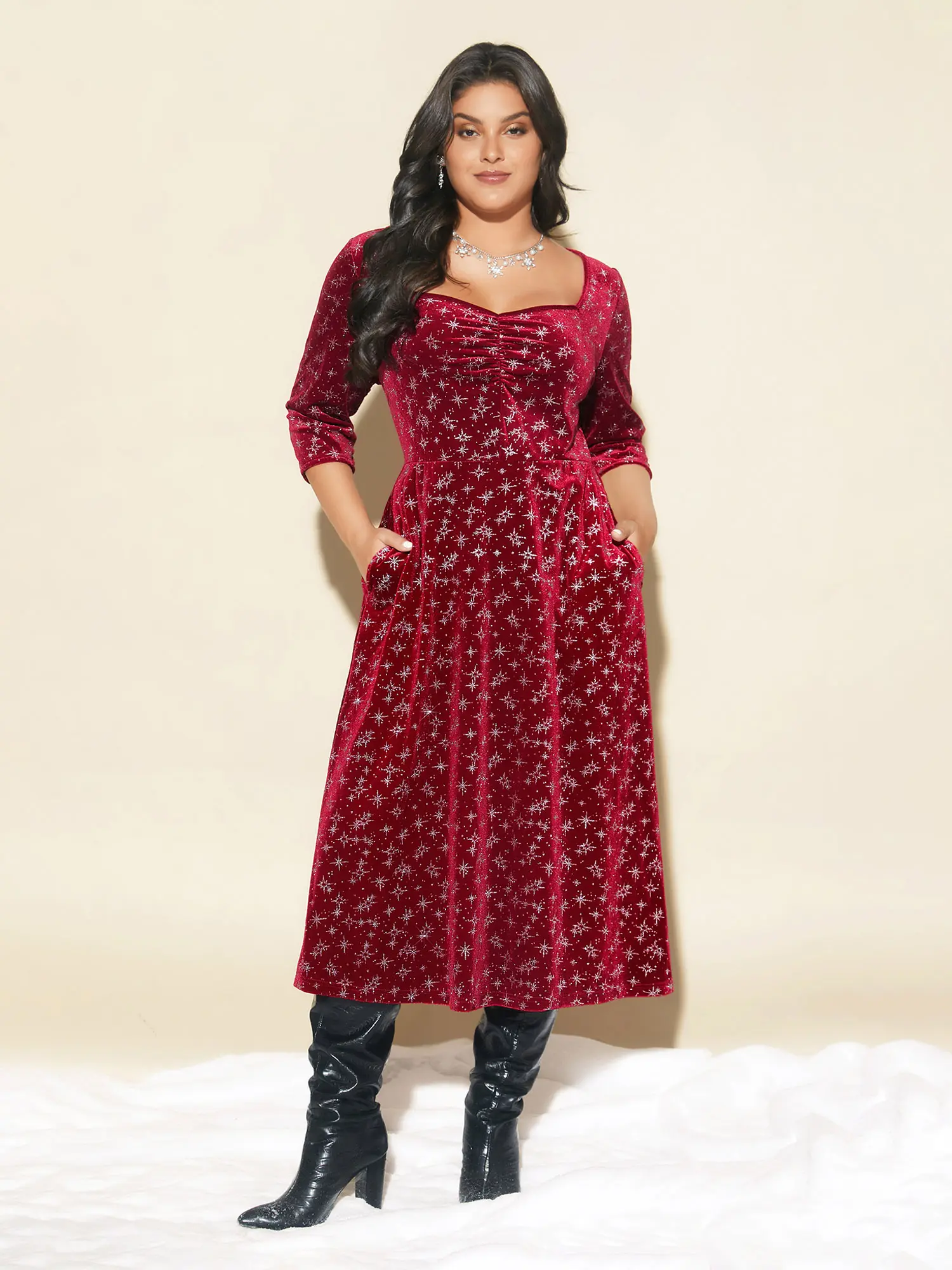 BloomChic Women's Embossed Velvet Midi Dress, Sweetheart Neck Casual Classy Cocktail Dress with Elbow Sleeves and Pockets, Casual Classy Dress
