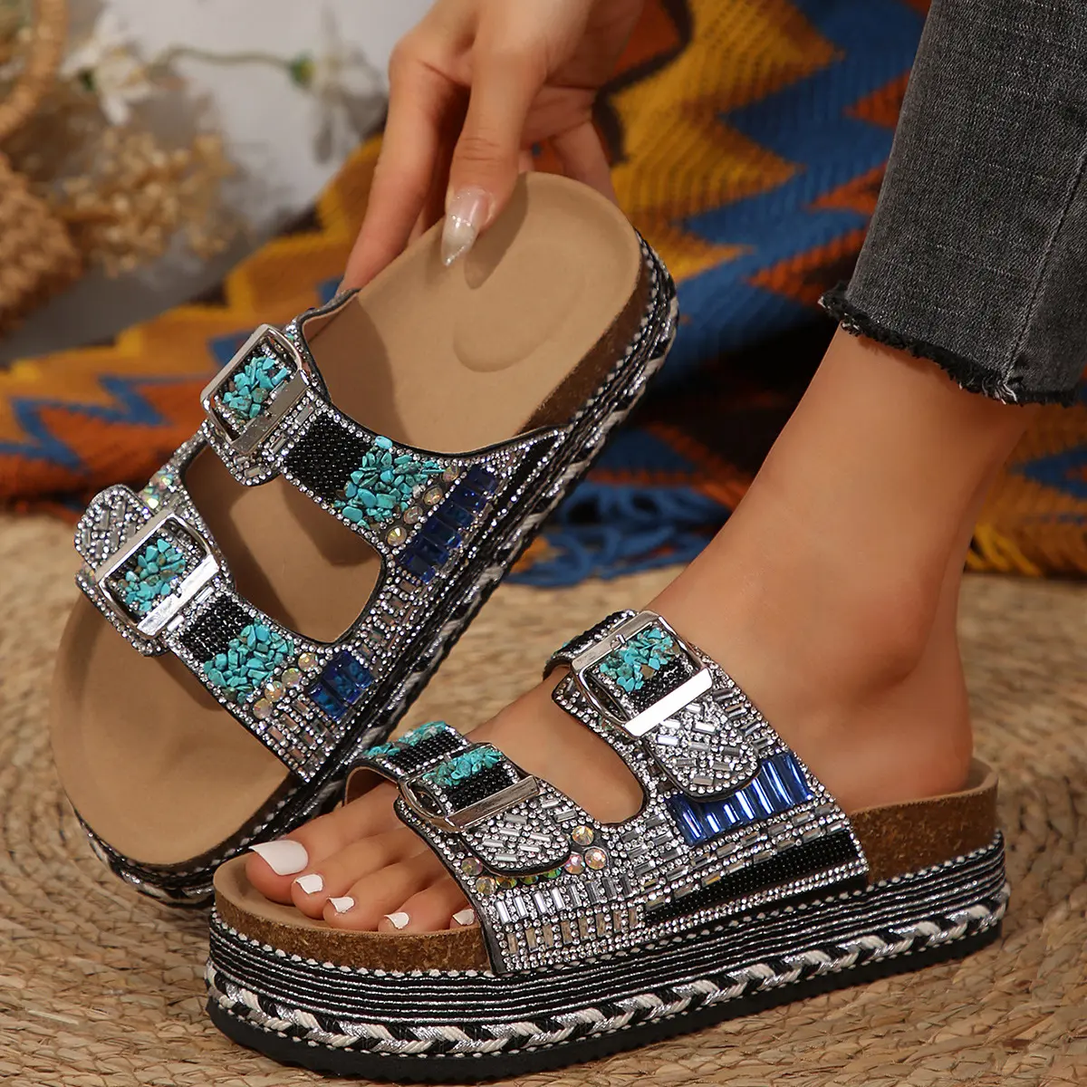 Women’s Turquoise Rhinestone Faux Buckle Platform Sandals - Double Strap Open Toe Boho Comfort Slides for Women, Sandals For Women, Women Sandals