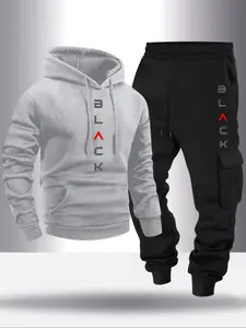 Men's Fall Winter Fleece Sweatshirt Set, 2-Piece Graphic Hoodie with Drawstring Pockets, Casual Long Sleeve Jogger Pants