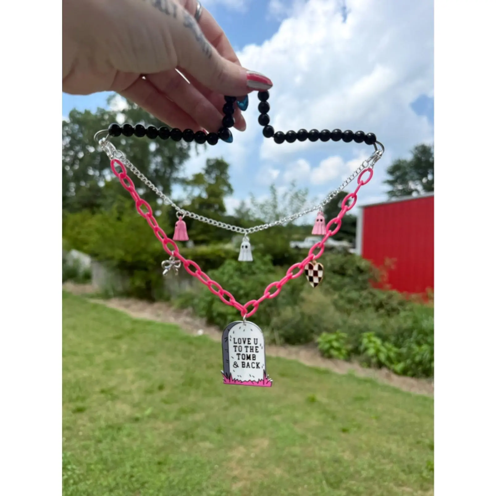 Spooky Pink Car Charm with “Love U to the Tomb & Back" Design
