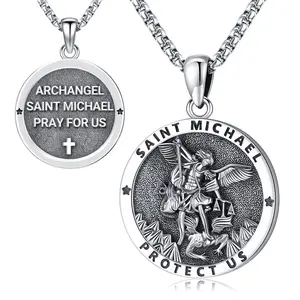 Thanches Saint Michael Necklace 925 Sterling Silver Protection Archangel Medal Amulet for Men Women Religious Daily Decor Accessory Pendant Jewelry Gifts for Energy