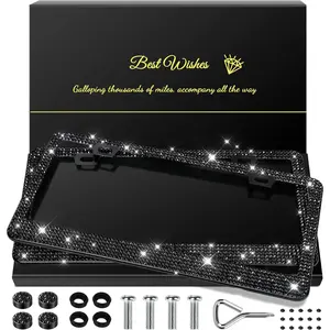 2 Pack Bling License Plate Frames for Women, Sparkly Rhinestone Diamond Car Accessories with Glitter Crystal Caps (Black)