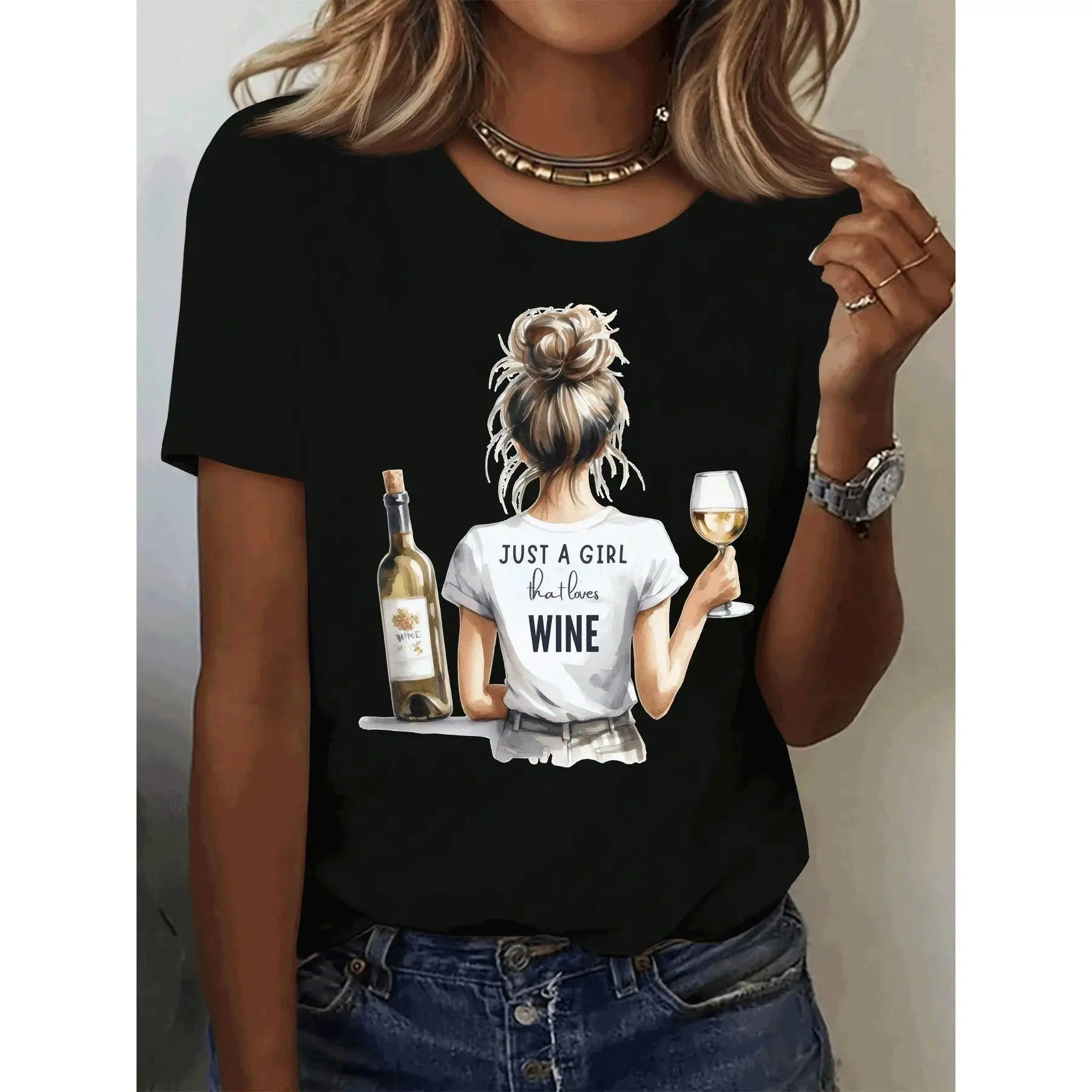 Women's "Just a Who Loves Wine" Graphic T-Shirt - Relaxed Fit Casual Summer Tee with Wine Glass Design, Soft Stretch Round Neck Top for Lounge, Gym & Casual Attire, Wine Lover T Shirt, Lounge Attire, Comfortable Fit, Fun Design, Lightweight Shirt