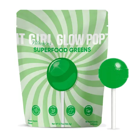 It Girl Vitamins Glow Pop Superfood Greens Lollipops, Green Apple, Prebiotic Fiber & Probiotics, 10 Count Candy Snack Sweet Bonbon