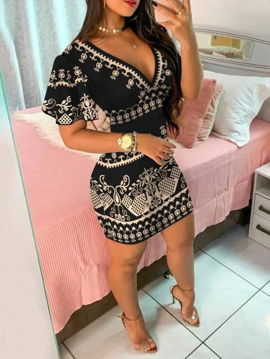 Women's Fashionable Print Short Sleeve V-Neck Dress