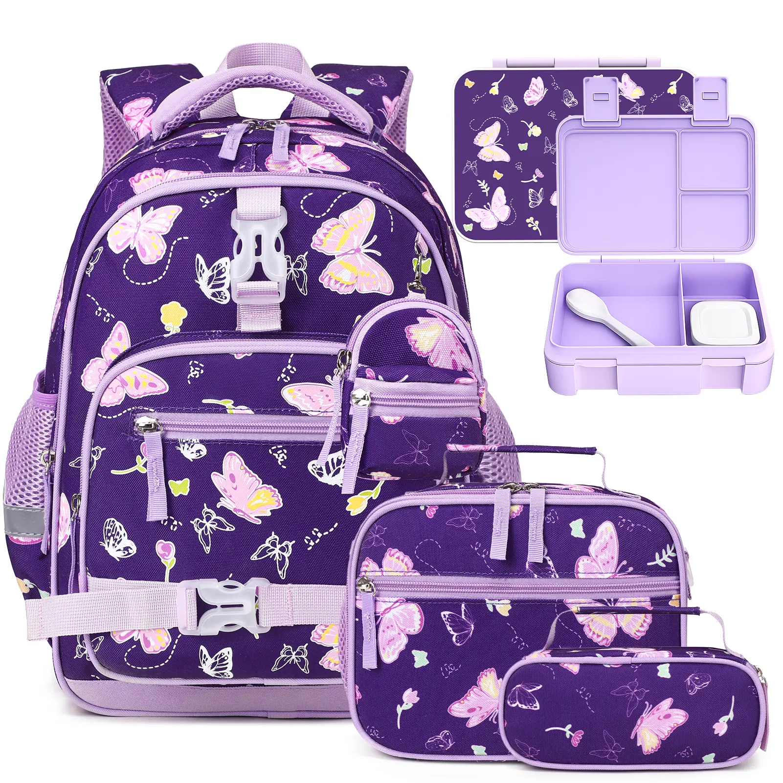 SIMILOVE 4-Piece Butterfly Backpack Set for Girls Ages 5-8, Cute Glow-in-the-Dark 15-Inch Kids School Backpack with Lunch Bag, Lunch Box & Pencil Case, Back to School Birthday Gift for Elementary Students