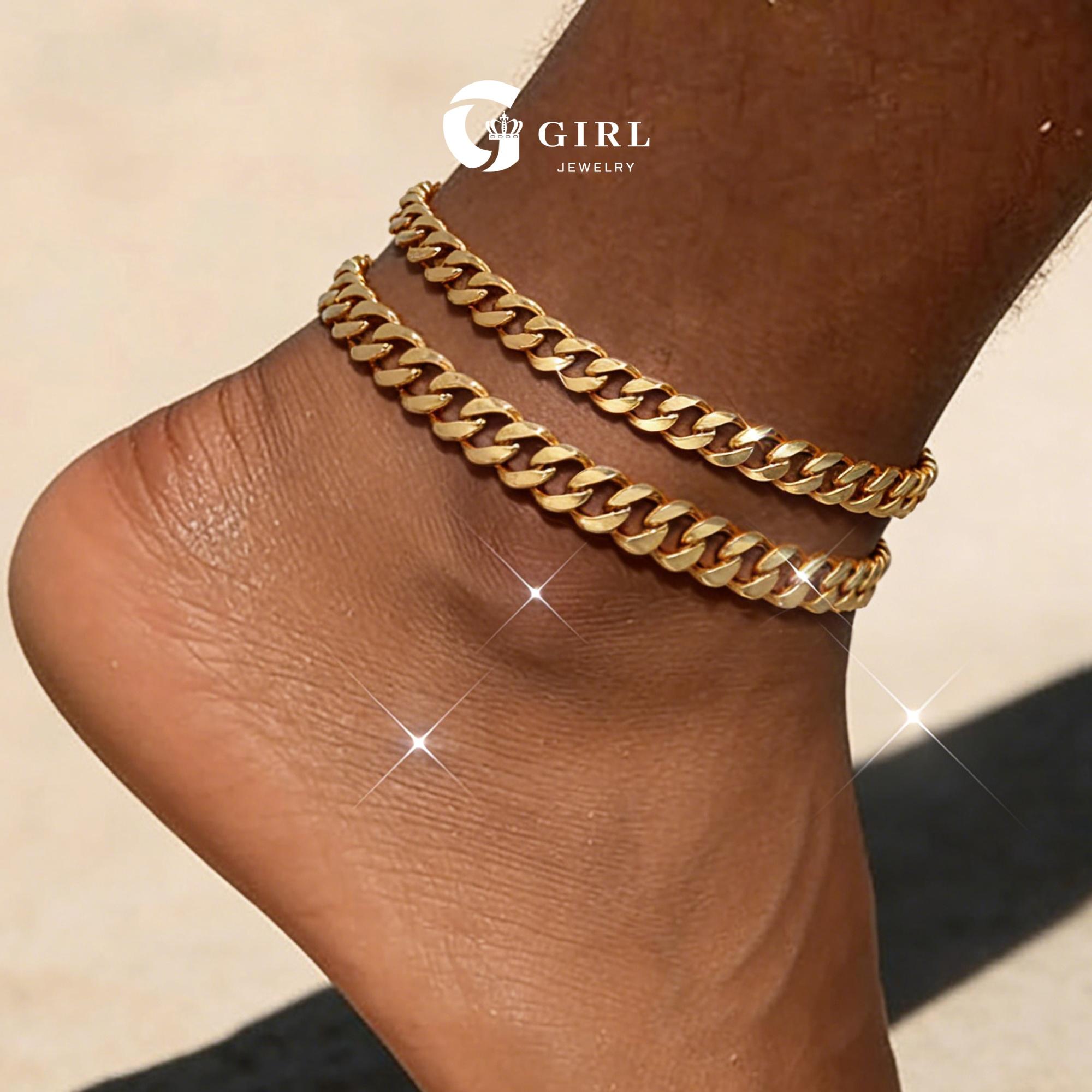 GGIRL Double-layer Chunky Cuban Link Chain Anklet for Women and Man Waterproof Adjustable Length Fashion Chic Accessories Trendy Layered Anklet Set Jewelry Gift