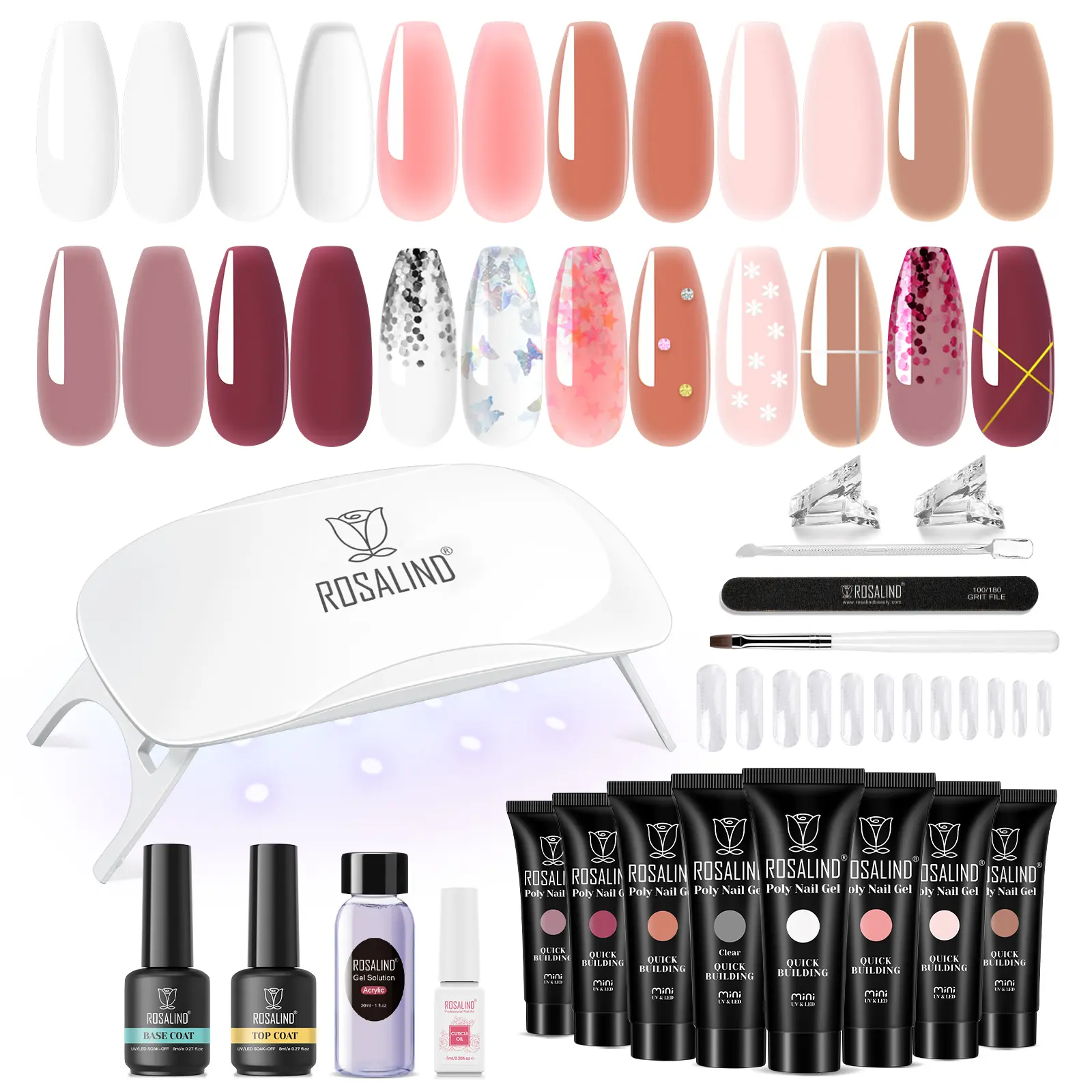 ROSALIND Poly Nail Gel Starter Gel Kit with Nail Tools Mini UV Light 8 Color Clear Nude Pink Purple DIY French Extend Nail Design Gifts Manicure Extension Nail Gel Set