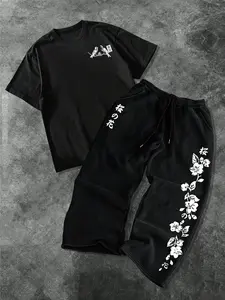 Men's Fashion Casual Two-Piece Set, Soft Comfort Tokyo Cherry Blossom & Bird Floral Print Round Neck T-Shirt and Drawstring Wide Leg Pants