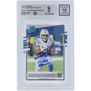 Jonathan Taylor Indianapolis Colts Autographed 2020 Panini Donruss Rated Rookie #317 Beckett Fanatics Witnessed Authenticated 9/10 Rookie Card with "Horse Power" Inscription - Fanatics Authentic Certified