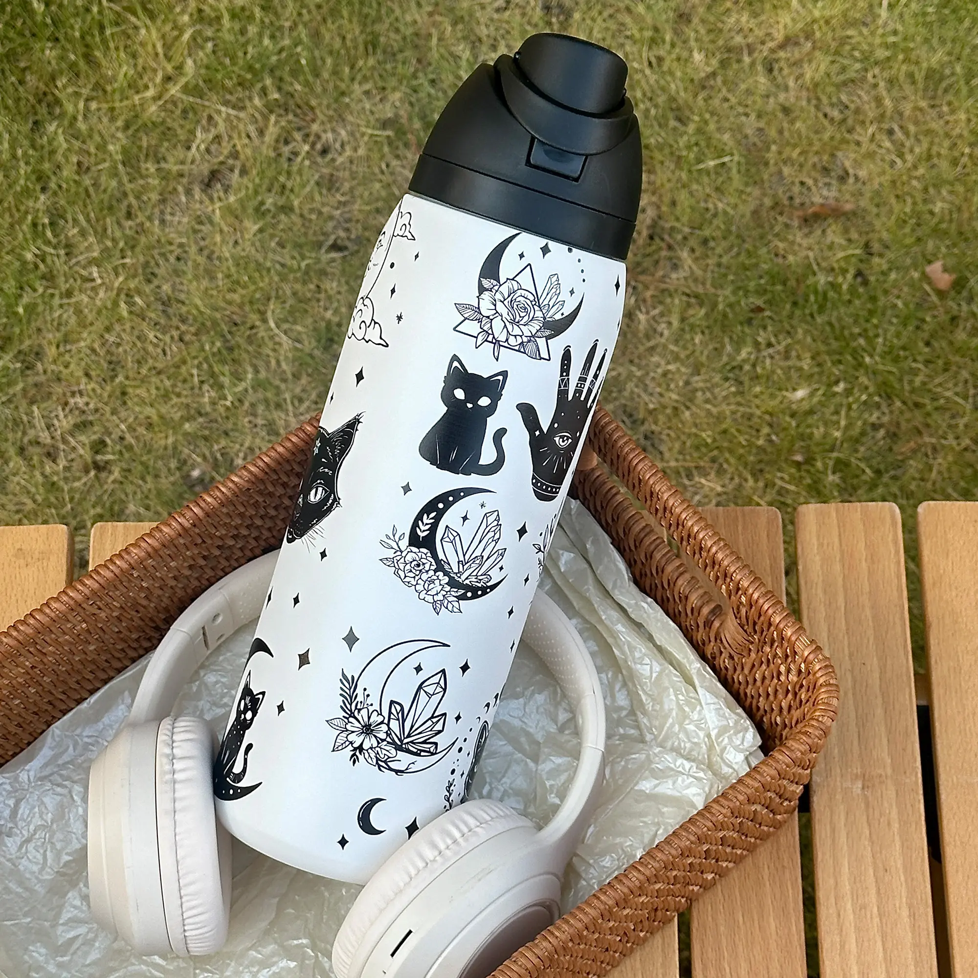 Moon Cat Pattern Stainless Steel Insulated Cup, Stainless Steel Flask, Insulated Tumbler, Dual-Layer Thermal Mug, Water Bottle, Travel Cup, Outdoor Sports, Gift Idea, Leakproof Tumbler, Double Wall Drinkware, Drinkware Flasks