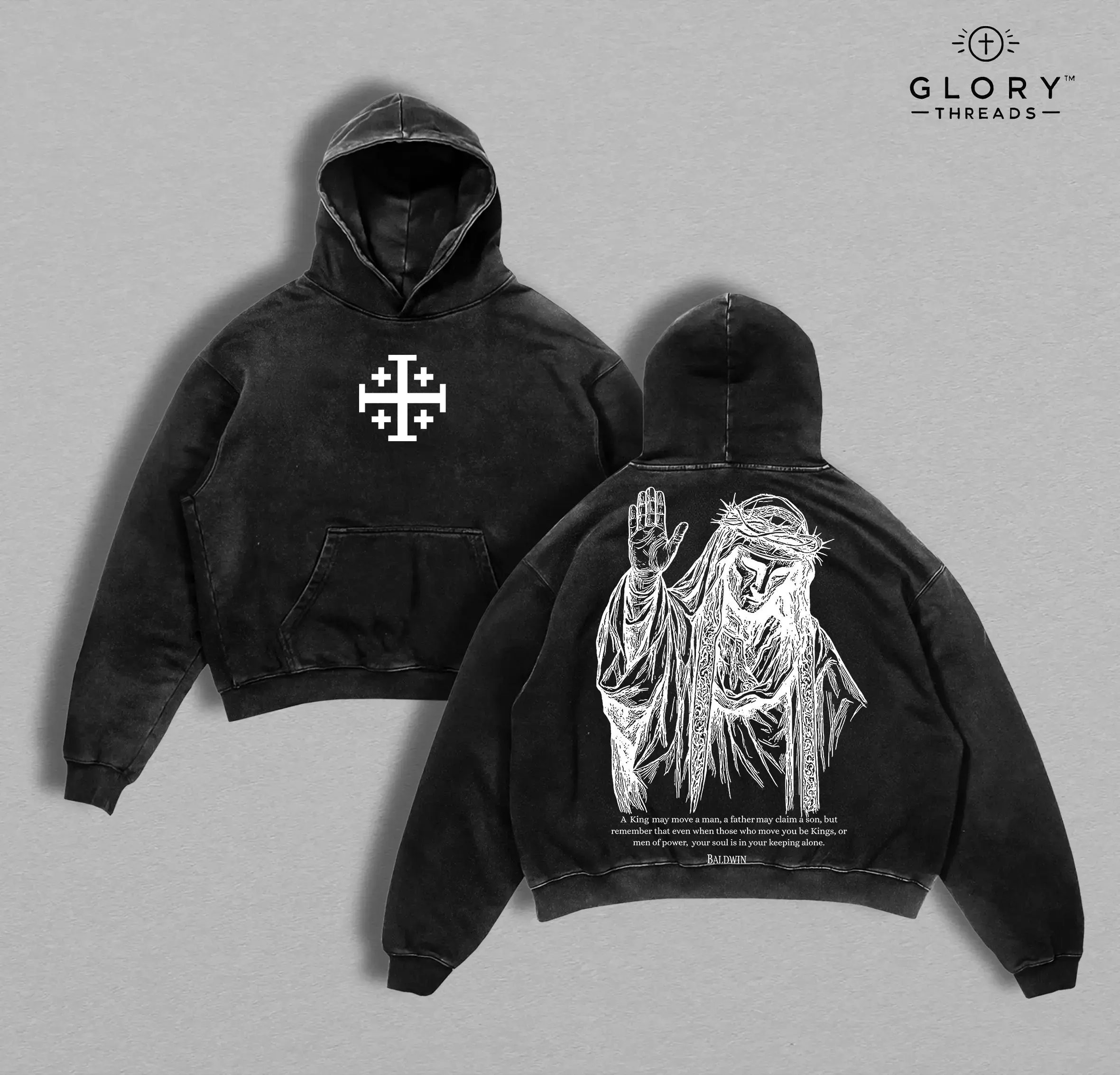 Baldwin IV The Leper King Hoodie Washed, Crusader King of Jerusalem Hoodie Tee, Jerusalem Cross Medieval Christian Shirt, Vintage Washed Gothic Faith Streetwear - Jesus Apparel - Christian Outfit