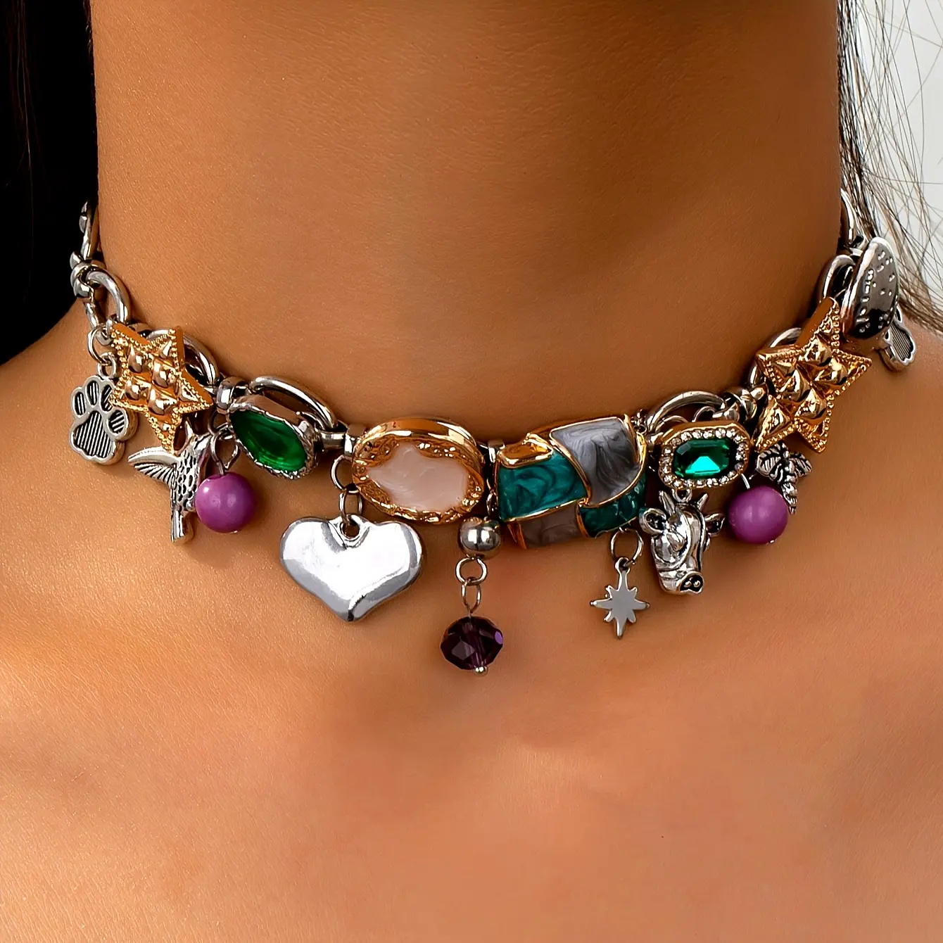 Vintage Hand-Painted Enamel Bull Head and Bee Pendant Necklace with Star Charm - Bohemian Style Stacked Chain Jewelry, Suitable for Women's Casual Dressing and Music Festival Outfits, Valentine's Day Gift, Holiday Accessory, Unique Craft Design, Fashion I