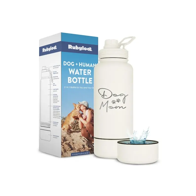 Dog Mom or Dog Dad Water Bottle with Attached Bowl