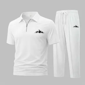 Men's Daily Look: Polo With The Mountain Ranged Print Waffle Knit Polo Shirt and Athletic Pants Set, Short Sleeve Zip-Up Collar Two-Piece Outfit, Casual Sportswear, Lightweight Breathable Comfortable Daily Wear Travel Loungewear