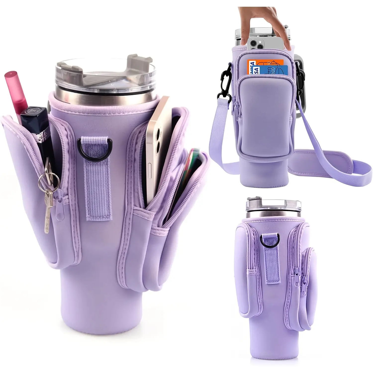 Portable Carrier Bag for Sports Water Bottles, 1pc Neoprene Holder Pouch for 30/40oz Tumblers with 3 Total Pockets Including Phone Pocket, Cup Accessory, Father Gift, Portable Carrier Bag Sports Water Bottles, Water Bottle Carrier Bag
