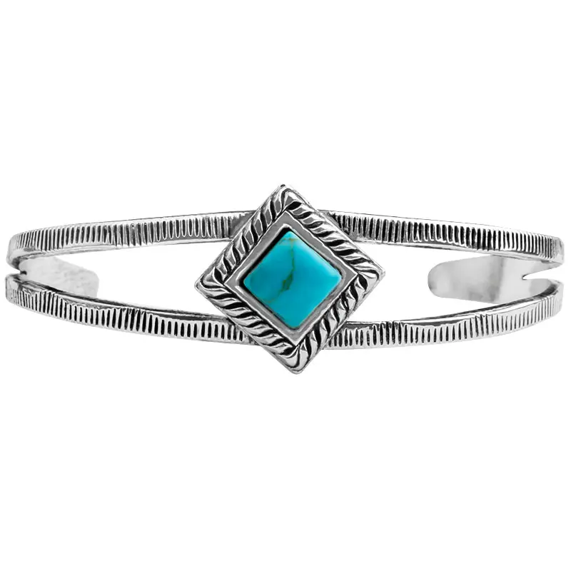 Grit & Grace Western Cuff Bracelet, Western Elegance Silver-Tone Fashion Bracelet with Square Simulated Turquoise, Adjustable Split Band for Everyday Wear, Square Stone, Unisex, Casual, Daily, Elegant, Adjustable Fit Bangle, Elegant Bangle Bracelet
