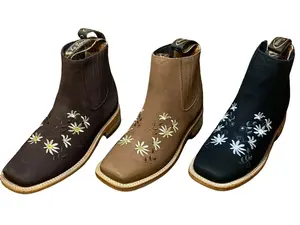 Women's Nobuck Flower Cowgirl Rodeo Half Ankle Boots Square Toe Est.490 Botin Dama Flores