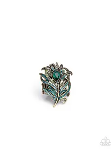 Polished Peacock - Brass- Rhinestone Peacock Feather Paparazzi Ring