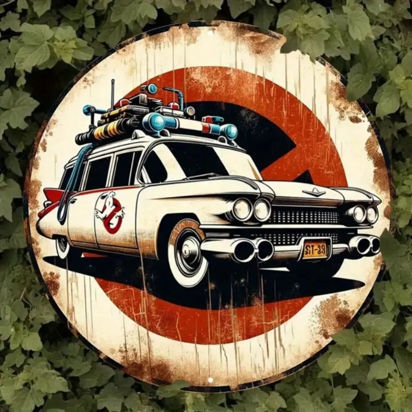 Vintage Ghostbusters Ecto-1 Aluminum Sign Round Waterproof Wall Art Pre Drilled Holes Home Beach House Retro Metal Decor Home Decor Products