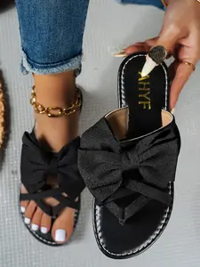 Women's Fashion Bow Slip Sandals with Plain Cross Straps and Bow Decorations, Elegant Beach Shoes, Comfortable Versatile Summer Footwear