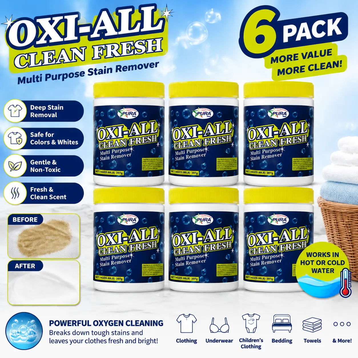 Pura Oxi Powdered Household Cleaner, Multi-Surface Stain-Removing Home Care Supply,6-pack oxygen stain remover