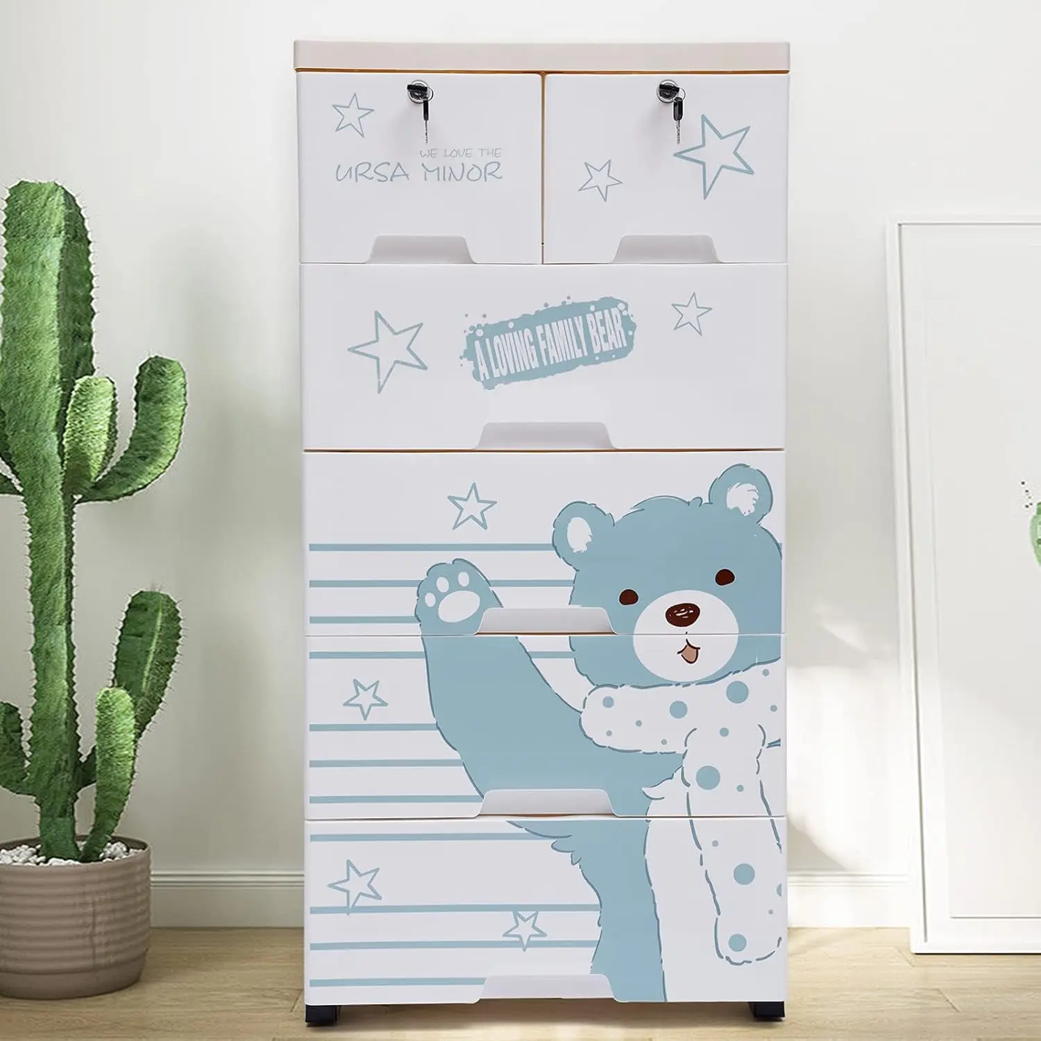Lockable 6-Drawer Plastic Dresser Storage Cabinet - Sturdy Drawer Chest Organizer with Keys, Wheels, 19.69x13.78x40.16in Polar Bear Blue for Bedroom Home, Kitchenware Bar Wine Utensil Storage, Dresser Storage Cabinets
