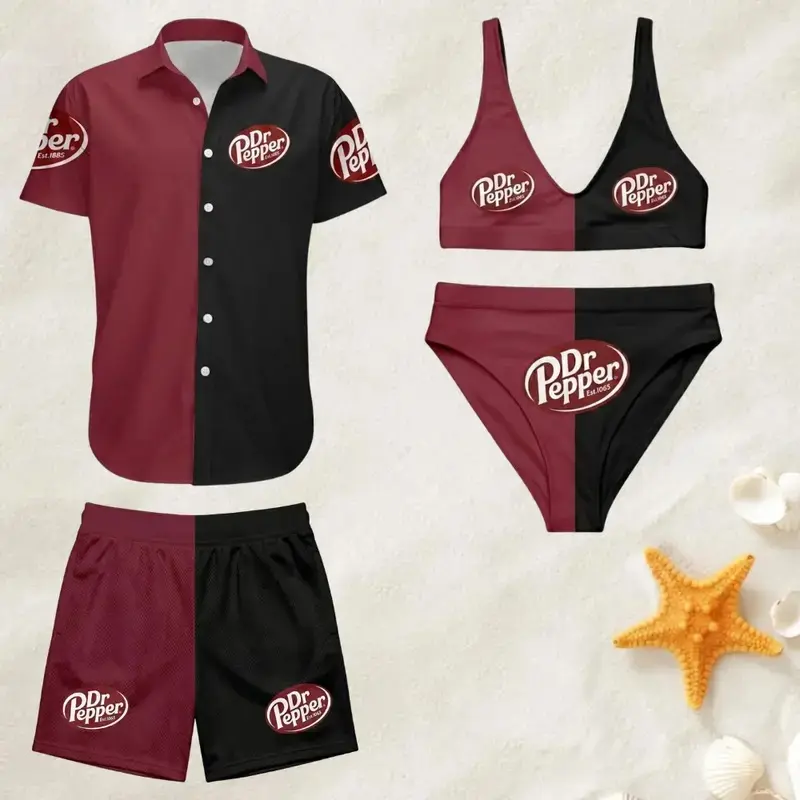 Couple Matching Swimwear Color Block, Maroon Black Two Tone Logo Print Bikini & Shorts Button Up Set, Best Gift for Him & Her
