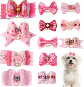 12 Pcs Pink Hair Bows for Dogs, Small Size Dog Bows Cute Girl Dogs Bow Handmade Puppy Bow with Rubber Bands Rhinestone Dog Hair Grooming Bowknot Small Pet Clips Accessories for Puppy Kitten Pet Styquenzer