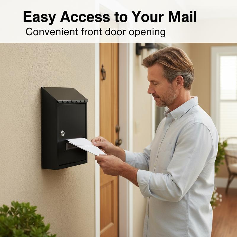 CNCEST Metal Wall-Mounted Mailbox with Key Lock Large Capacity Mail Box with View Window for Home or Office Spraying Molding Process Rainwater Protection Modern Black Organiser Racks