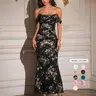 Parthea Square Neck Backless Floral Print Mesh Off Shoulder Bodycon Dress,Fitted Elegant Dress,Womenswear,Elegant, Formal and Fashionable Long Dress for Beach Party and Graduation Party Formal Dresses