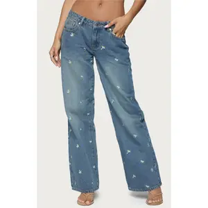 Edikted Women's Edna Floral Embroidered Low Rise Jeans