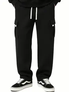 Men's Mid-Waist Knit Cargo Pants, Thick Fitted Plain Fabric, Fleece-Lined, Windproof, Warm Workwear with Multi-Pockets, Drawstring Casual Long Pants for Gym, Everyday Outdoor Leisure
