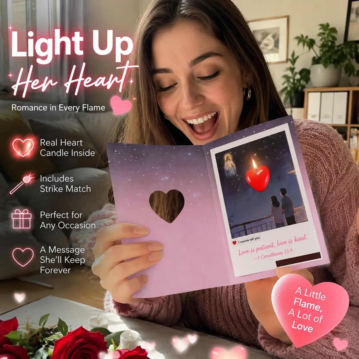 Magic Reveal Heart Candle Card – Romantic 3D Pop-Up Greeting Card with Hidden Water Reveal Message & Lightable Heart Candle, Thoughtful Gift for Mom, Wife, Grandma, Birthday, Anniversary, Wedding & Valentine’s Day