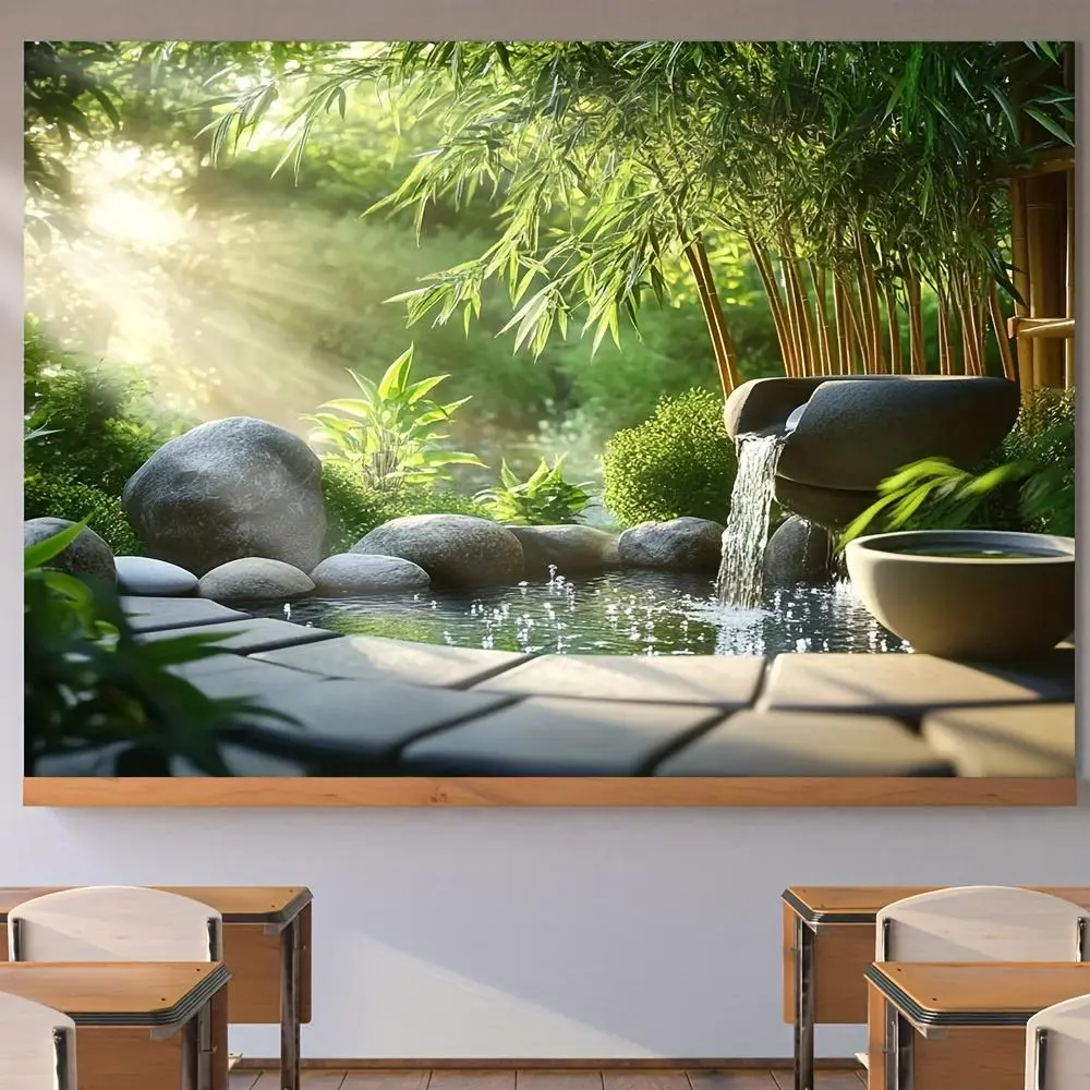 1pc Reusable 100% Polyester 1-Piece Japanese Zen Garden Backdrop Banner - Serene Waterfall & Bamboo Scene, Photoshoot Backdrop for Portraits, Christmas Party Decor, Home Supplies