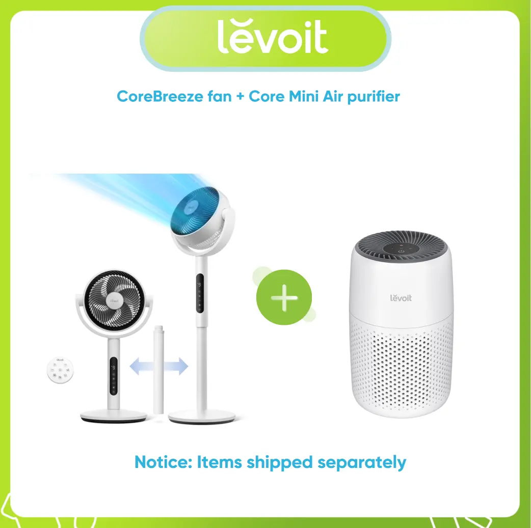 Levoit Corebreeze R432 Oscillating Adjustable Angle Pedestal Fan & Core Mini Air Purifiers Bundle - DC Motor, Smart Sensor Tech, Remote, Timer, 908CFM, 3-in-1 Filter Cleaner, Quiet Ambiance, 82ft Reach, Efficient & Uniform Cooling, Fan for Bedroom