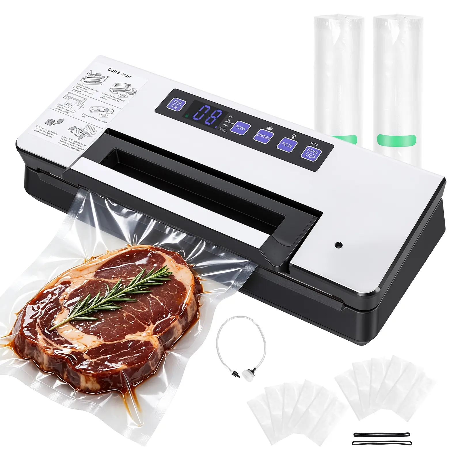Vacuum Sealer Machine with Built-In Cutter & Bag Storage, 17×25cm 10 Vacuum Bags, 20x200cm 2 Bag Rolls, Hose, 145W 100kPa 9-in-1 Automatic Food Sealer with Easy-Lock Handle