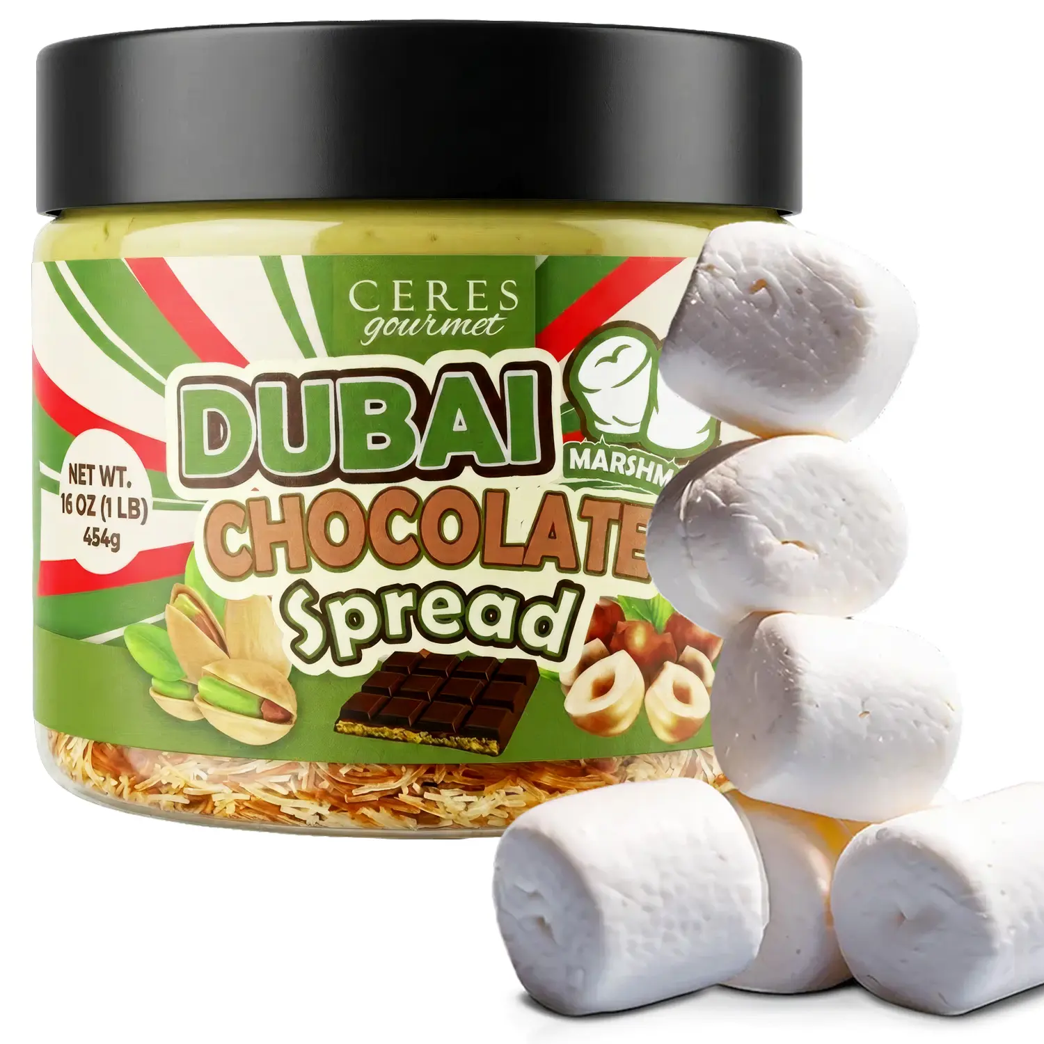Dubai Chocolate Spread Jar with Marshmallows – Pistachio Cream & Chocolate Layers with Kataifi, Pistachio Pieces & Chocolate Drops – Dubai Style Chocolate in a Jar – 16 oz | TikTok
