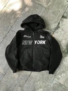 New York Brooklyn Print Hooded Zipper Sweatshirt, Soft Comfortable Home Casual Wear, Urban Street Style, Perfect for Relaxing at Home