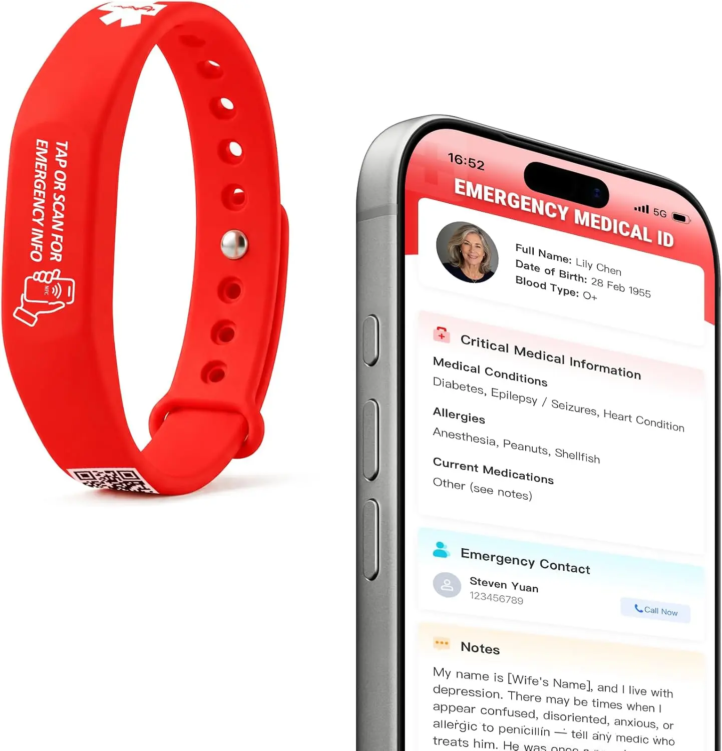 Medical ID Bracelet with NFC & QR Code for Emergency Information & Contacts | Tap or Scan to Share Emergency Details Instantly, No App Required, No Subscription, Silicone Wristband for Everyday Use