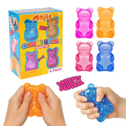 Mojis Gummi Bearz Squishy 4-Pack, Soft Stretchy Silicone Sensory Toys for Stress Relief and On-the-Go Play, Ages 3+